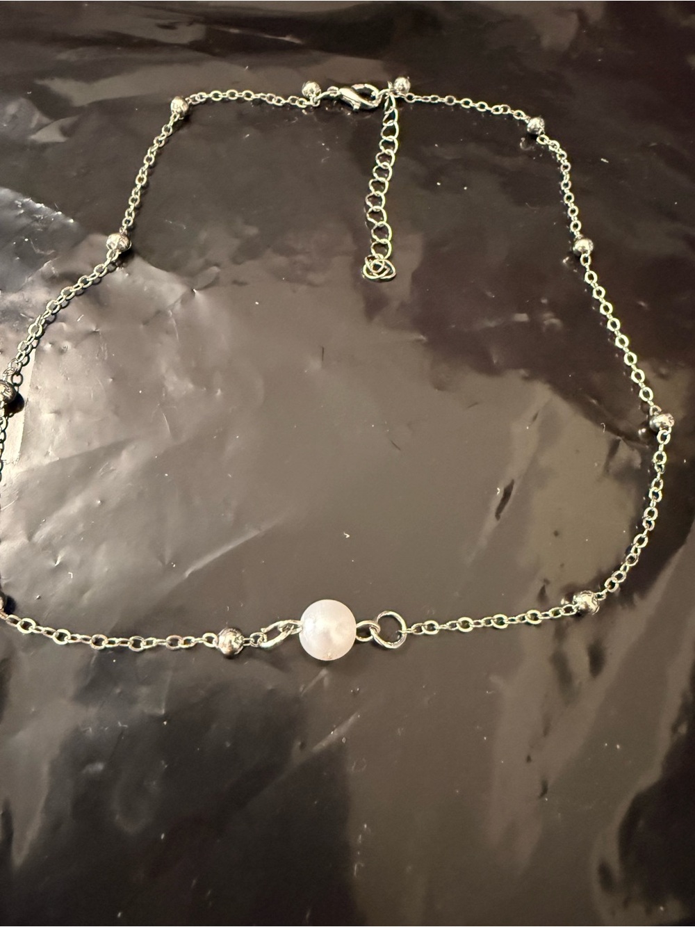 Sterling Silver Beaded Chain Necklace with White Gem Accent
